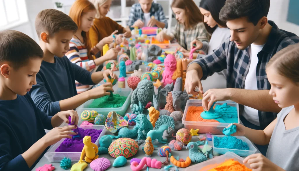 Children and adults creating art sculptures with colorful Magic Sand