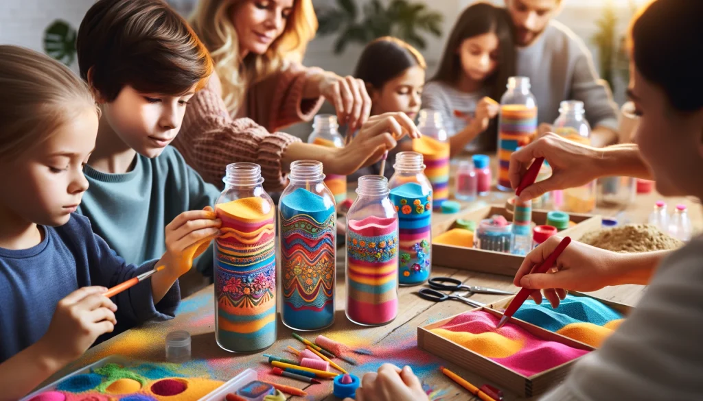 Children and adults making sand art bottles with colorful Magic Sand