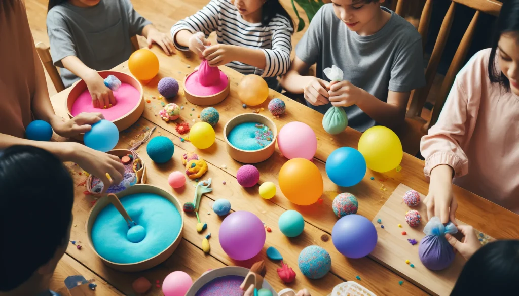 Children creating DIY stress balls with colorful Magic Sand and balloons
