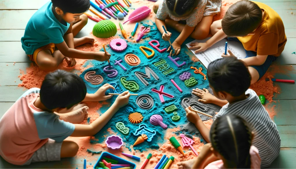Children practicing writing skills with colorful Magic Sand