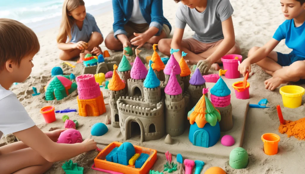 Children building sand castles with vibrant, colorful Magic Sand.