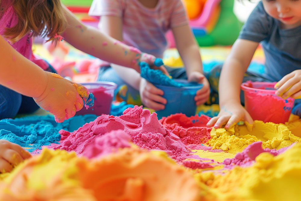 many_childs_playing_with_colored_kinetic_sand