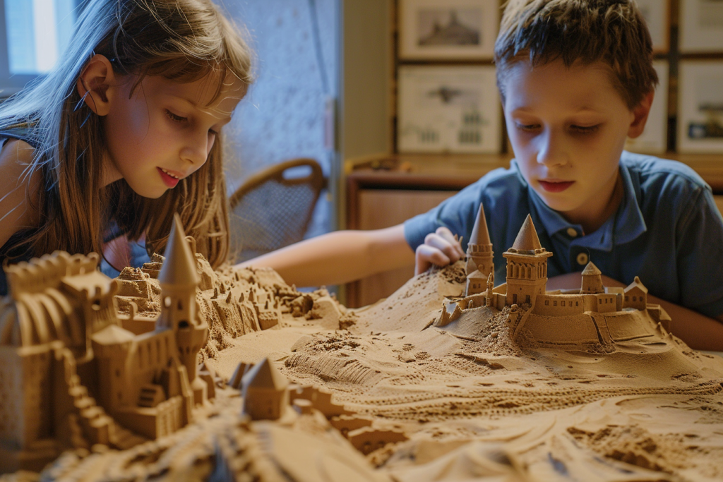 2 childs crafting casle with kinetic sand