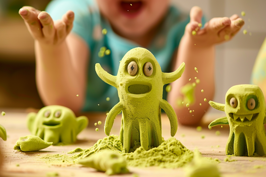 little boy playing aliens with kinetic sand