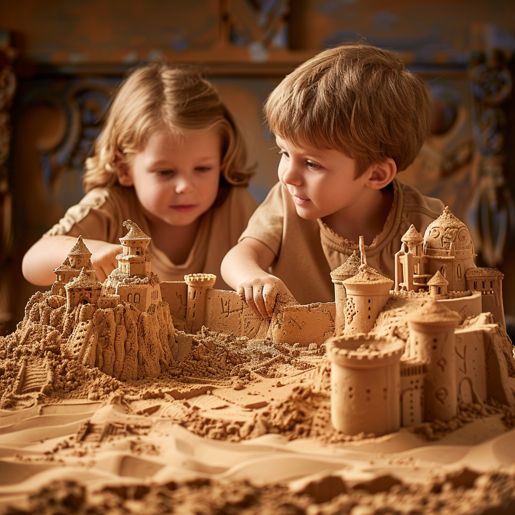 2 childs playing kinetic sand