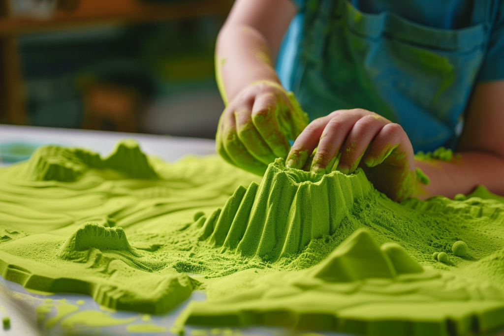 little girl crafting green mountain with magic sand