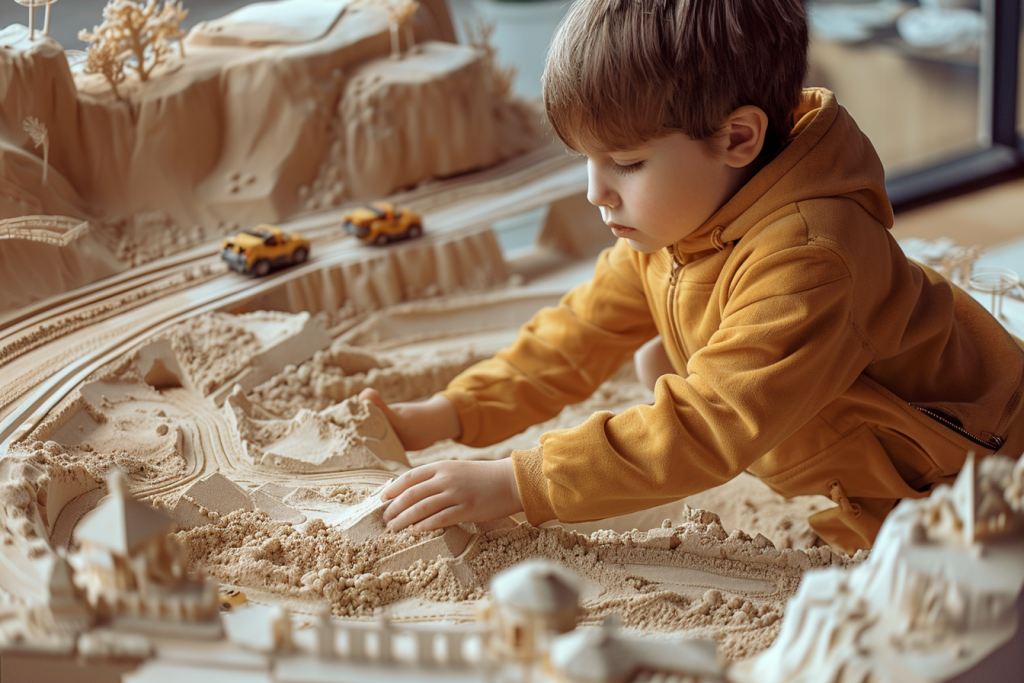 small boy building race with kintetic sand