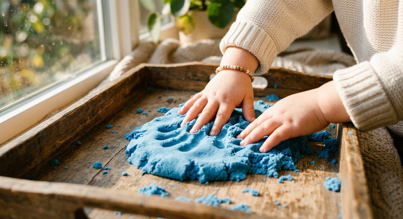 Small hands pressing into soft kinetic sand