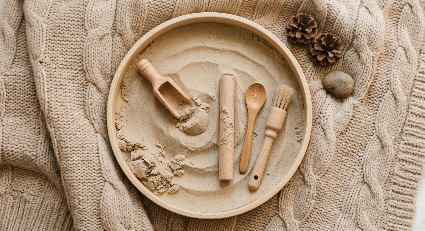 Calm sensory tray with single-color kinetic sand for sensory-sensitive children
