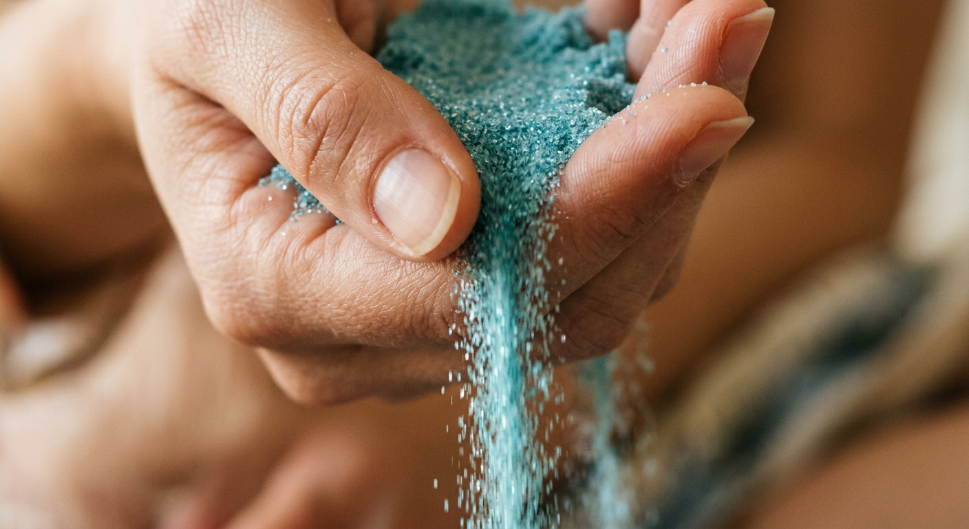 Close-up of kinetic sand grains flowing through fingers