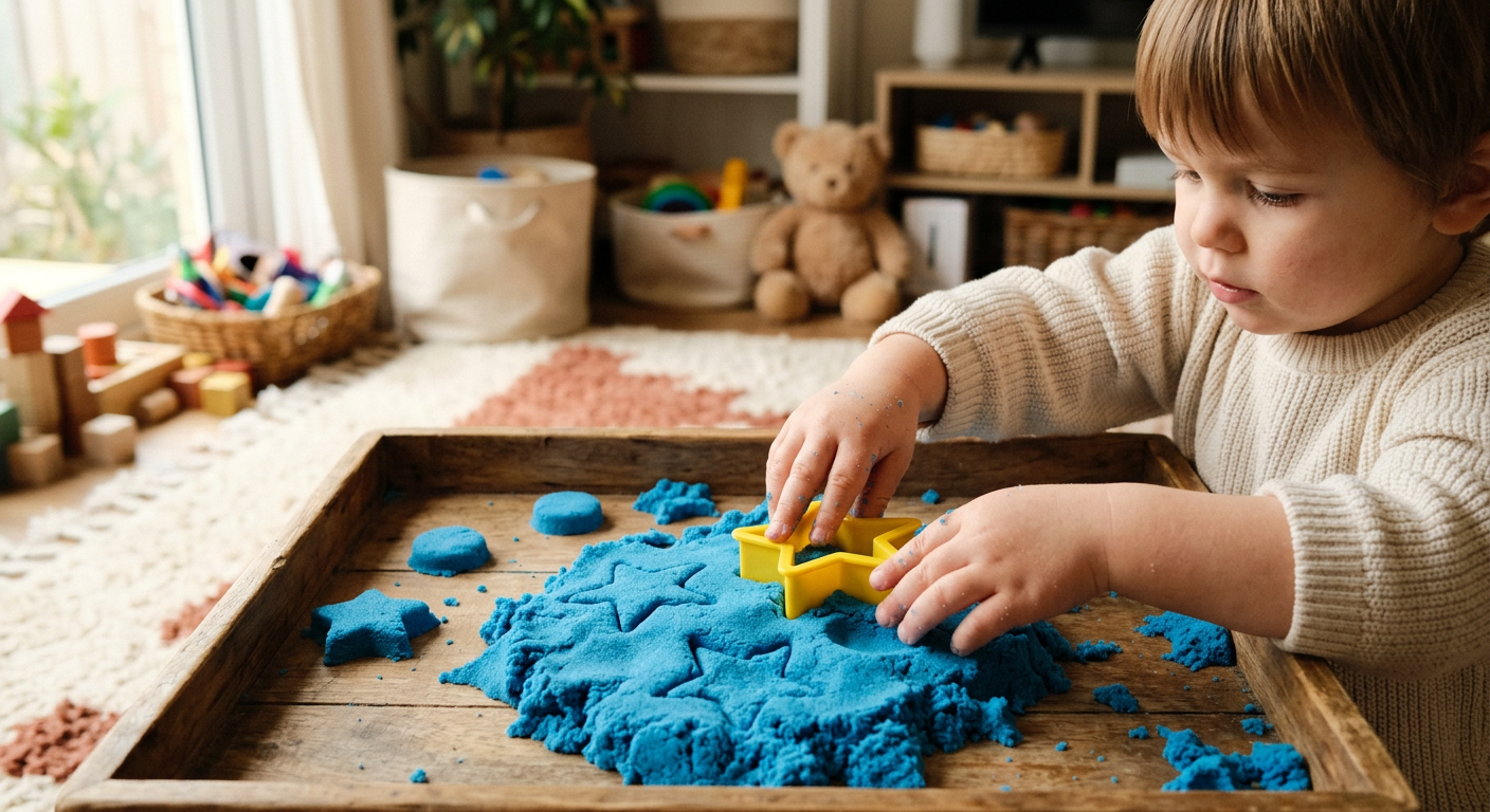 Child shaping kinetic sand with molds on a wooden tray