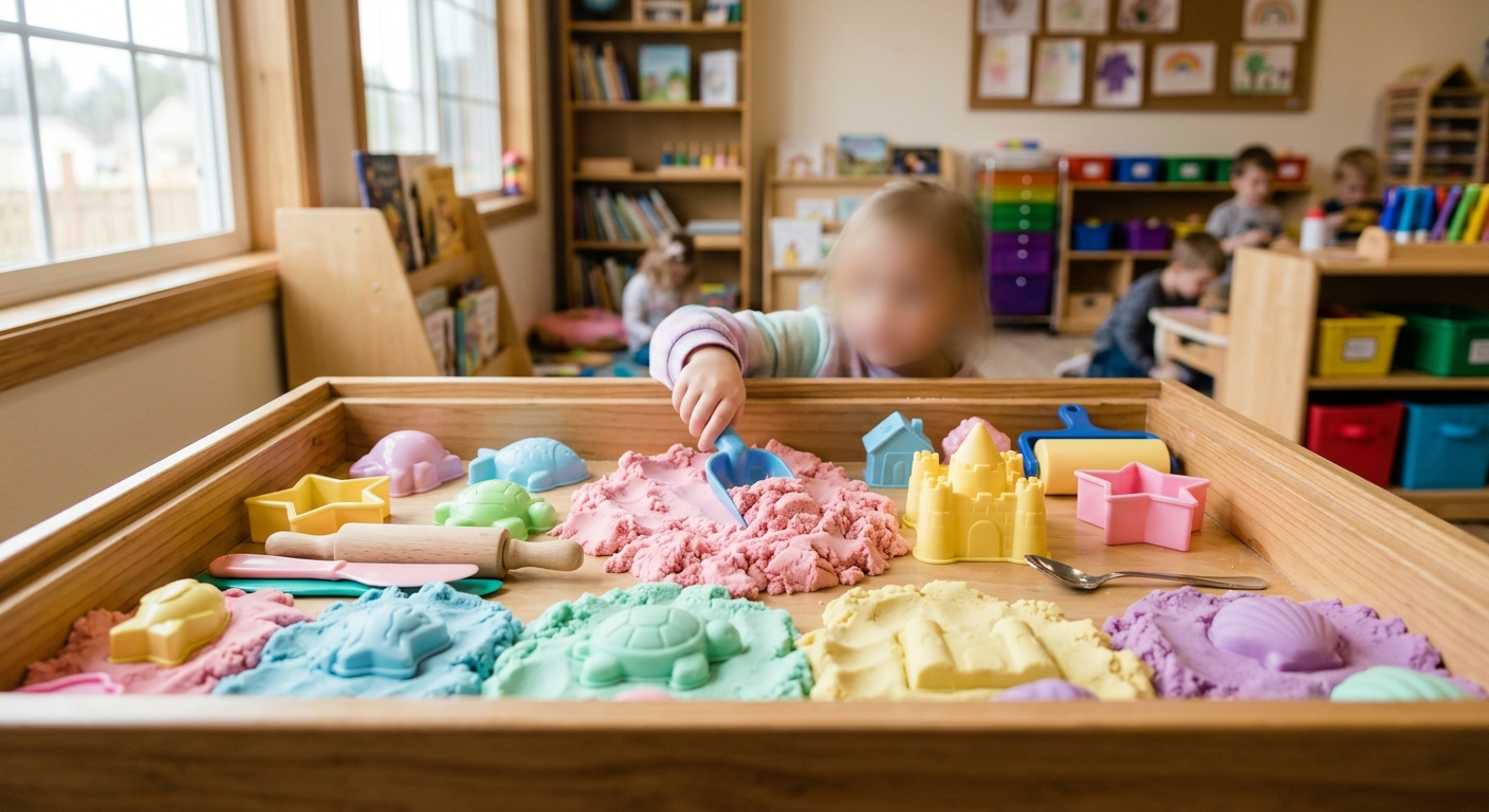 Classroom sensory table with pastel kinetic sand and molds