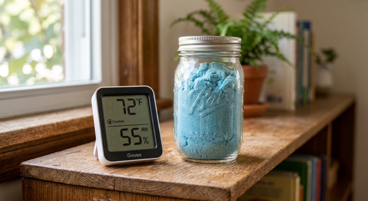 Hygrometer next to a sealed jar of polymer-bound play sand for humidity control