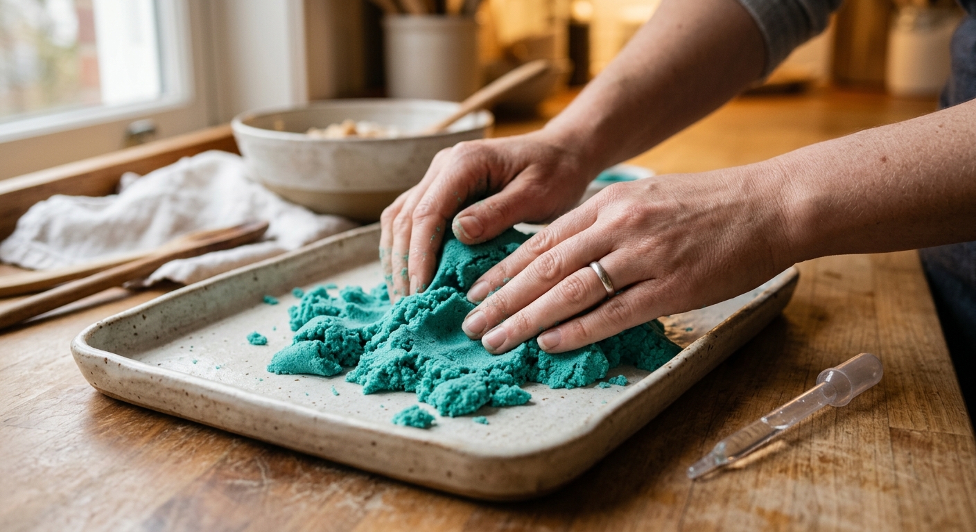 Hands kneading water into polymer-bound play sand to restore its texture