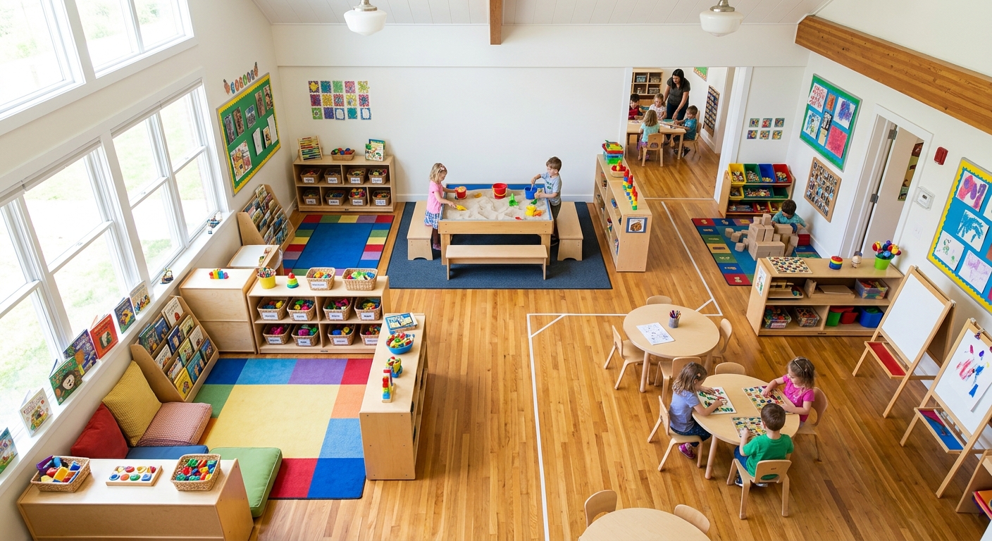 Sand table positioned with clear walking space in classroom layout