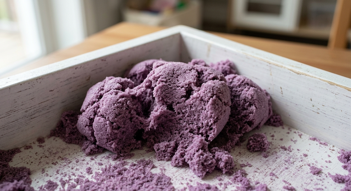 Moldable sand clumping inside a raised-edge classroom tray