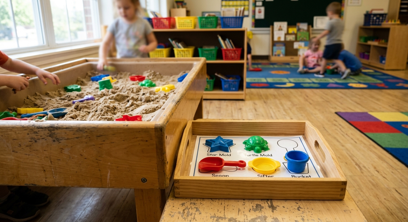 Tray of sand molds and scoops organized beside classroom sand table