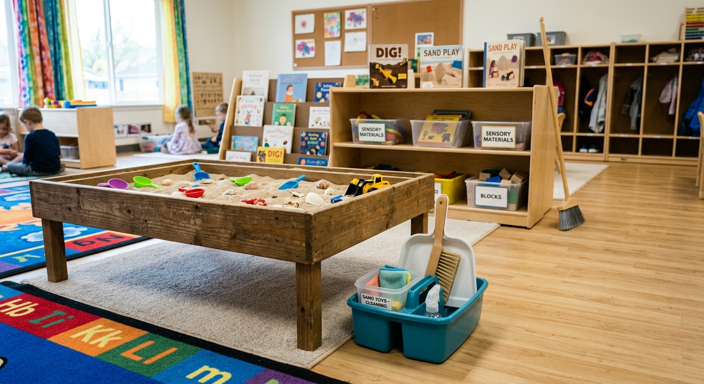 Cleanup caddy with brush and dustpan next to sensory sand station