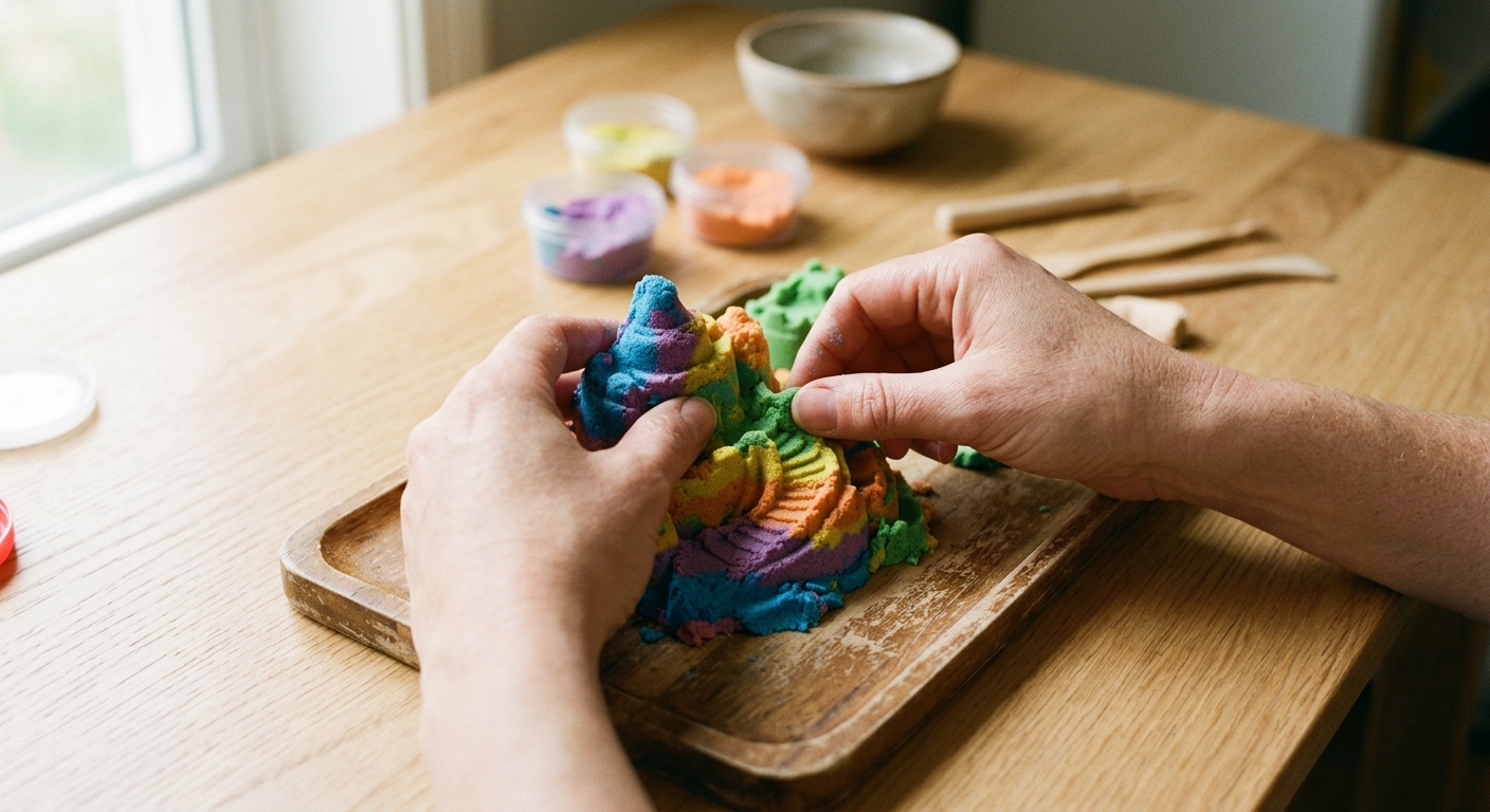 Hands molding colorful sensory sand into shape on a craft table