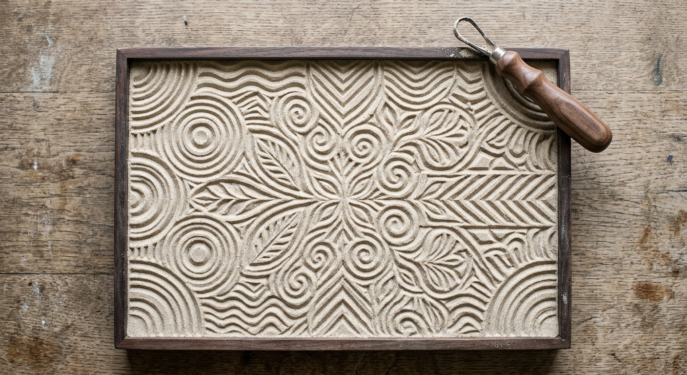 Sand relief carving with wooden tool in a shallow tray