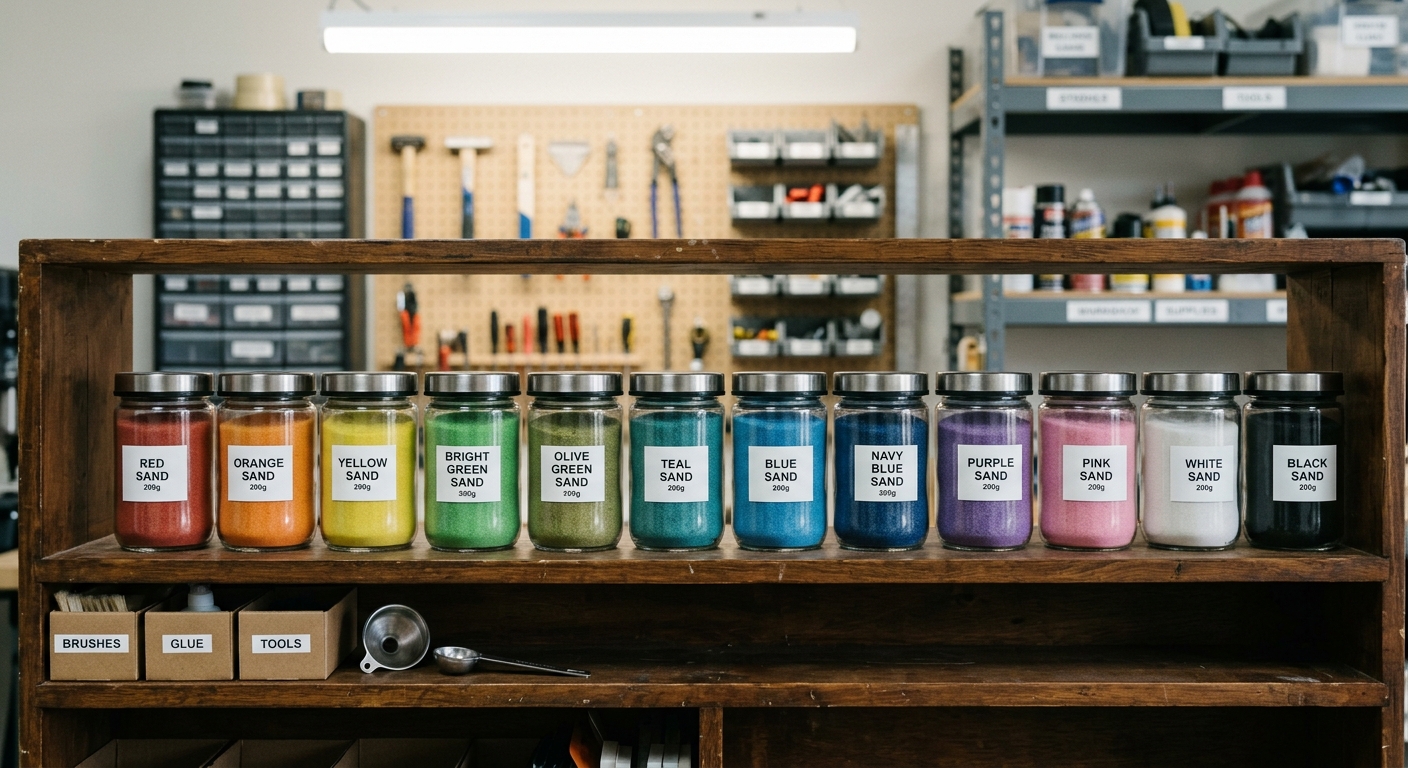 Airtight containers storing colorful sand between workshop sessions