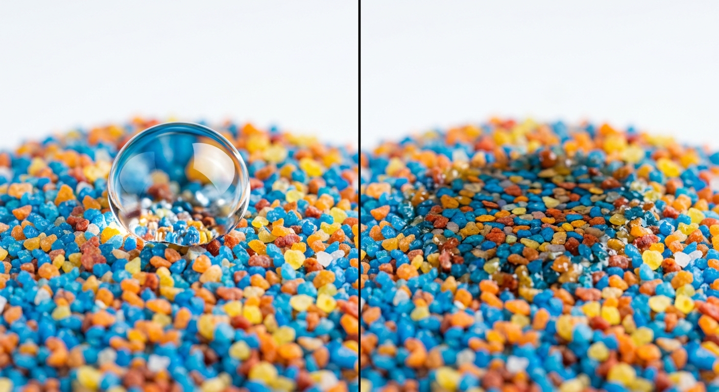 Water droplet beading on colorful hydrophobic coated sand