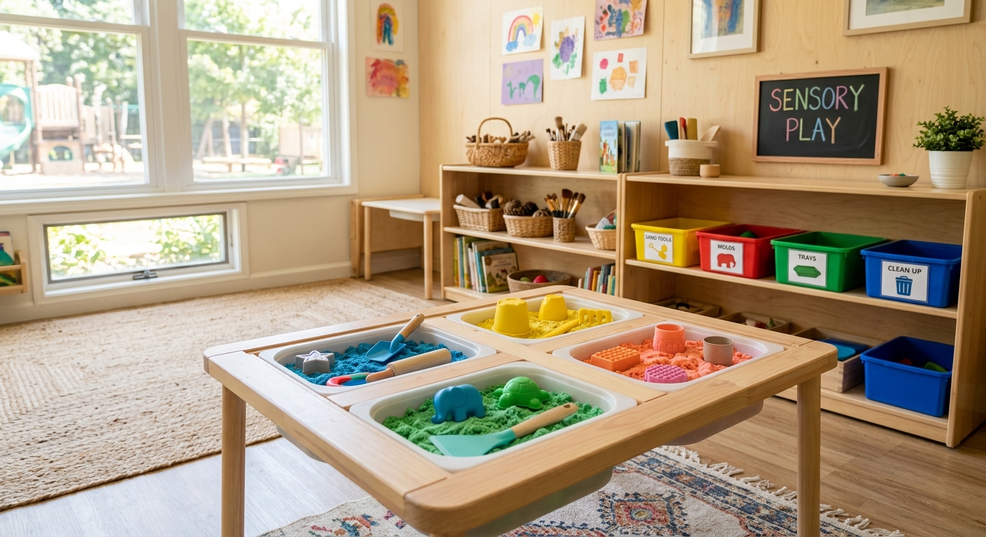 Preschool sensory sand station with colorful non-staining sand trays