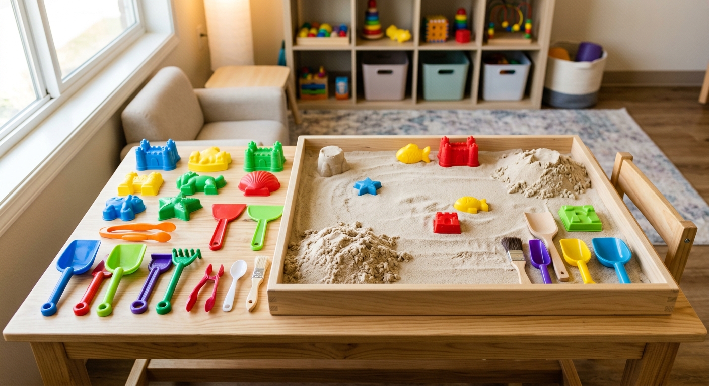 Occupational therapy sensory sand tray setup with tools