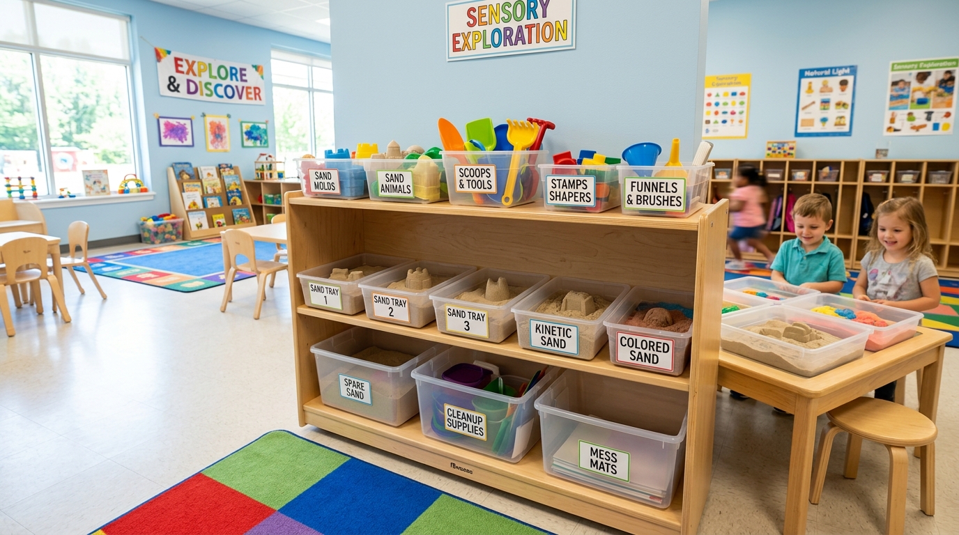 Organized sensory sand station in preschool or therapy clinic