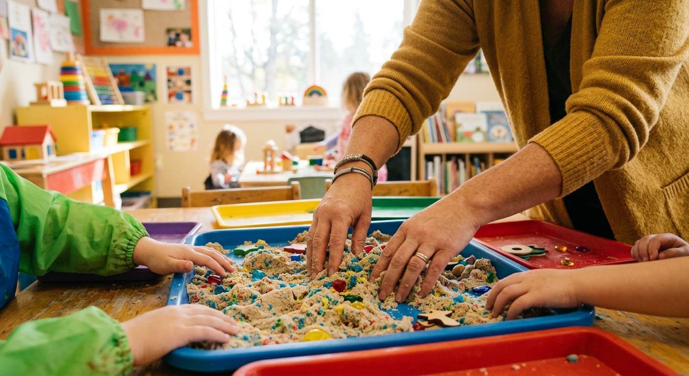 Teacher mixing sensory sand in a classroom tray