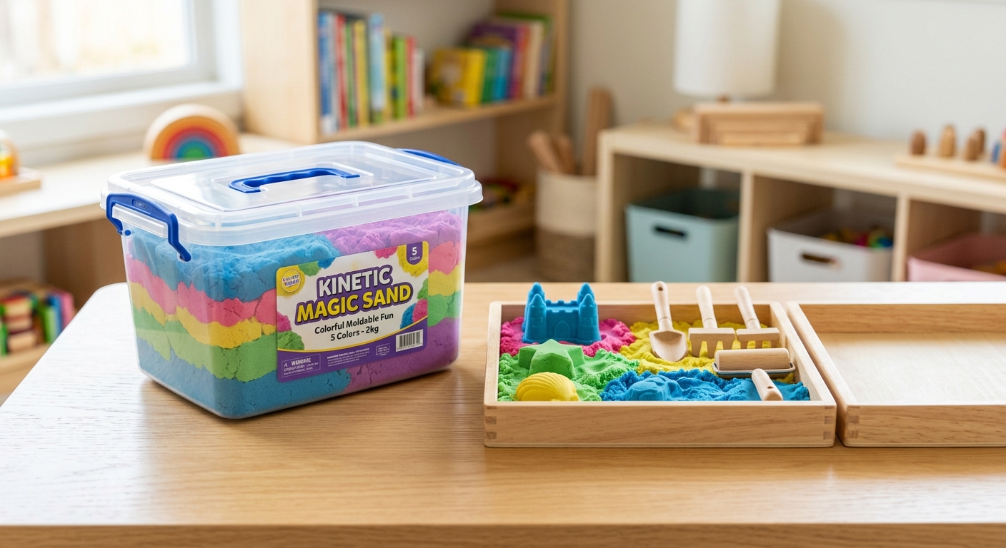 Sealed storage container for moldable sand next to trays