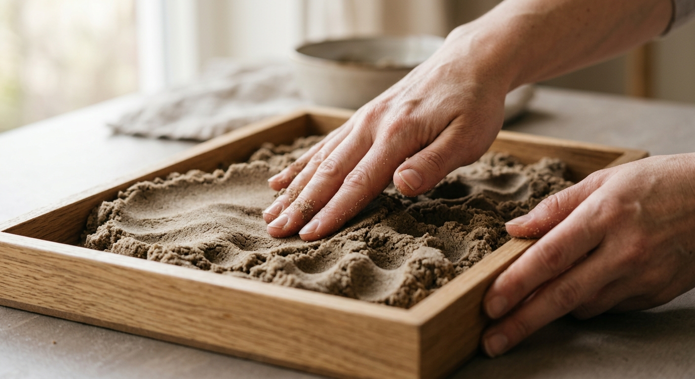 Close-up of hands pressing moldable sand into a smooth shape in a shallow tray
