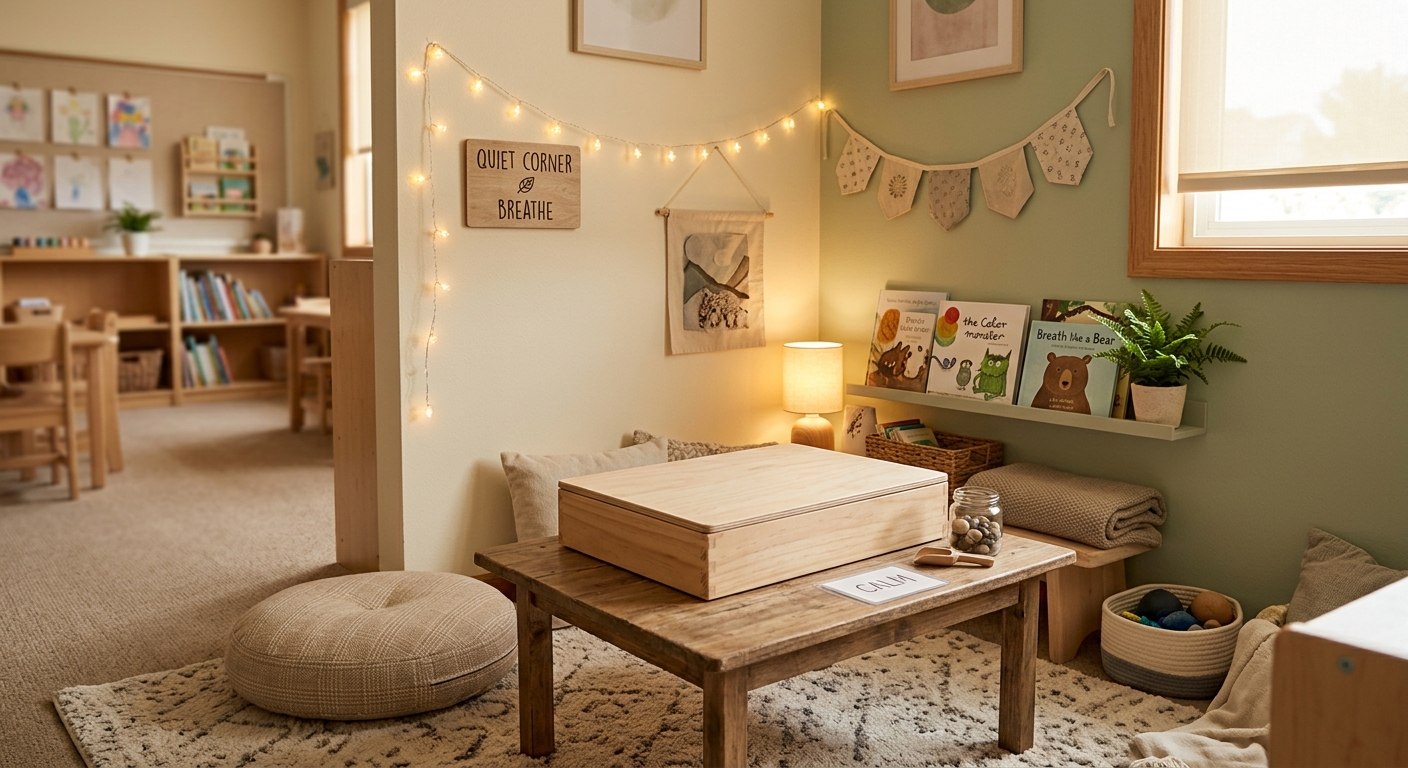 A quiet classroom corner with a covered sand tray, cushion, and soft lighting