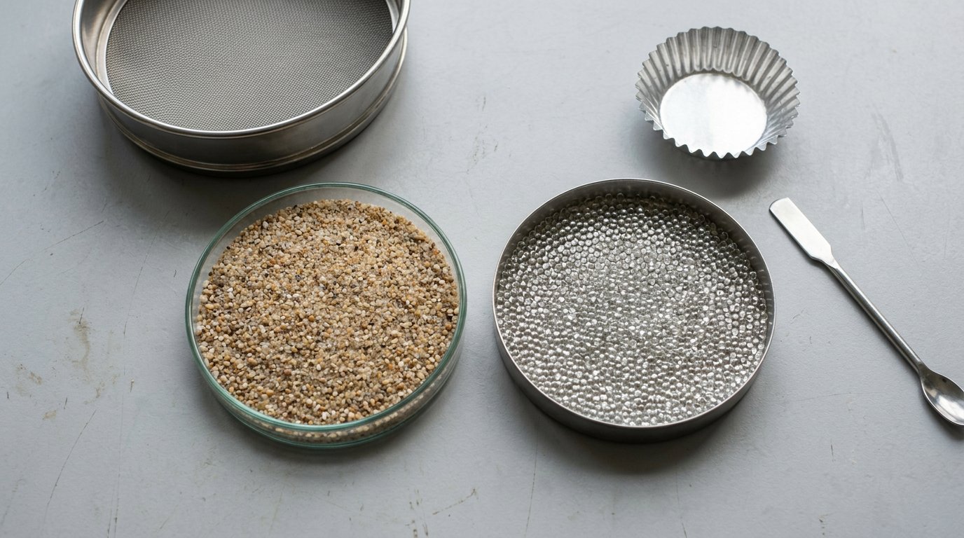 Graded sand and round glass microspheres in sample dishes during grain preparation