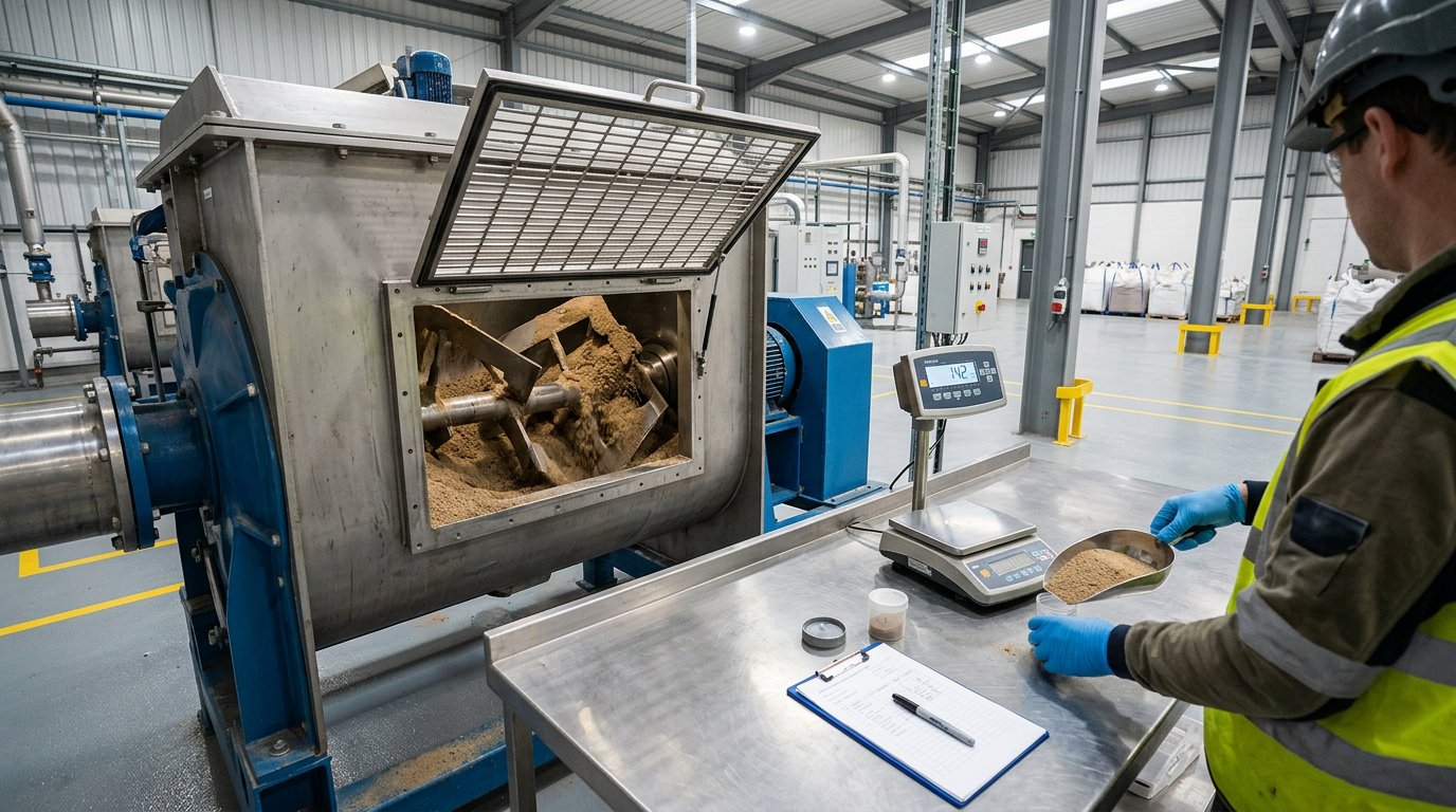 Industrial paddle mixer blending coated sand with a technician checking a sample
