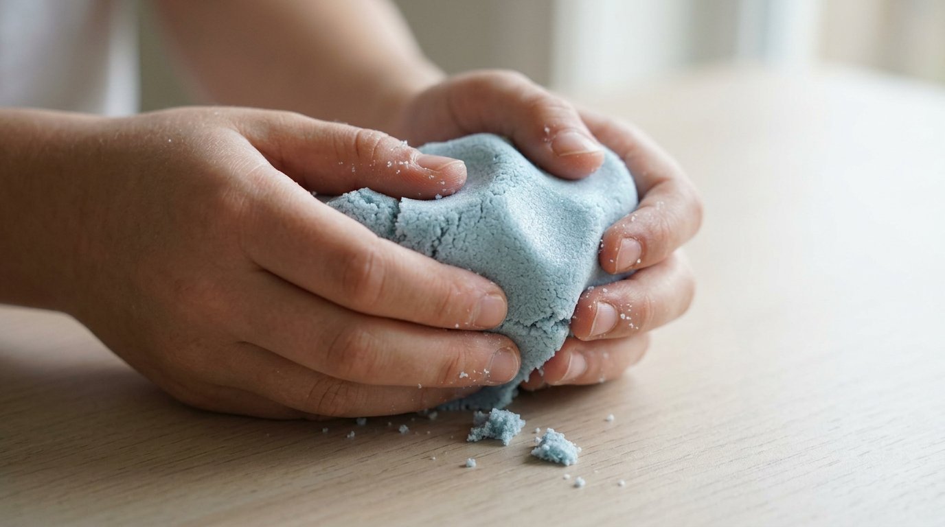Hands pressing pale blue moldable sand into a shape with visible grain texture