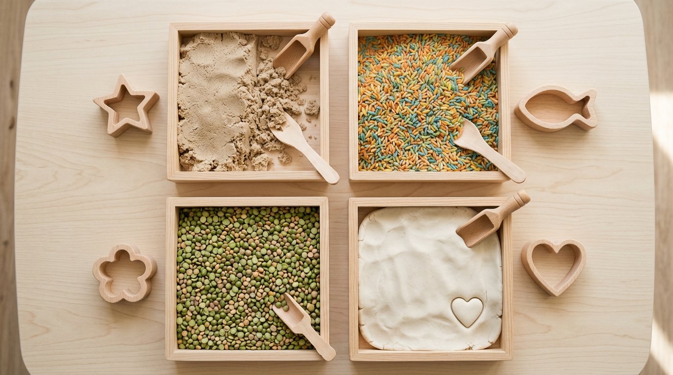 Four sensory materials compared side by side in wooden trays: coated sand, moon sand, sand clay and wet play sand