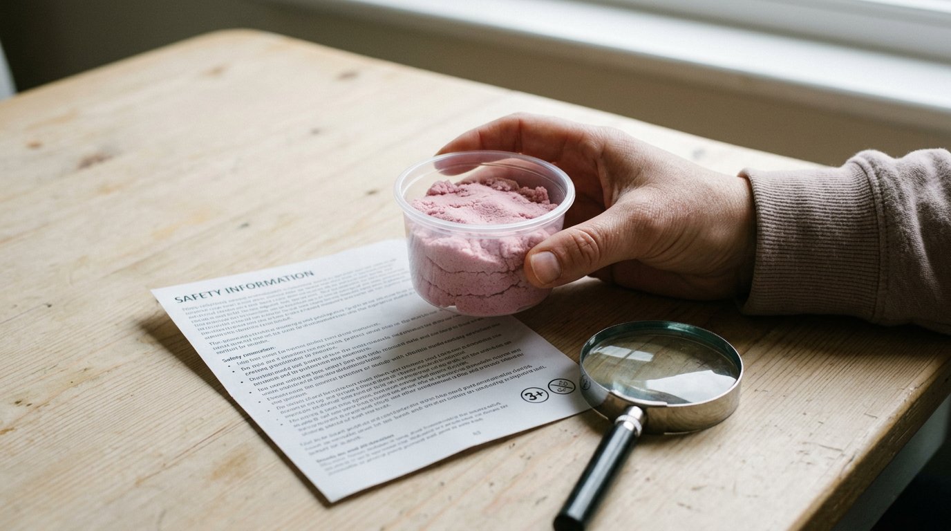 Hand holding a small clear tub of pastel mouldable sand next to a printed safety leaflet and a magnifying glass on a pale wood table