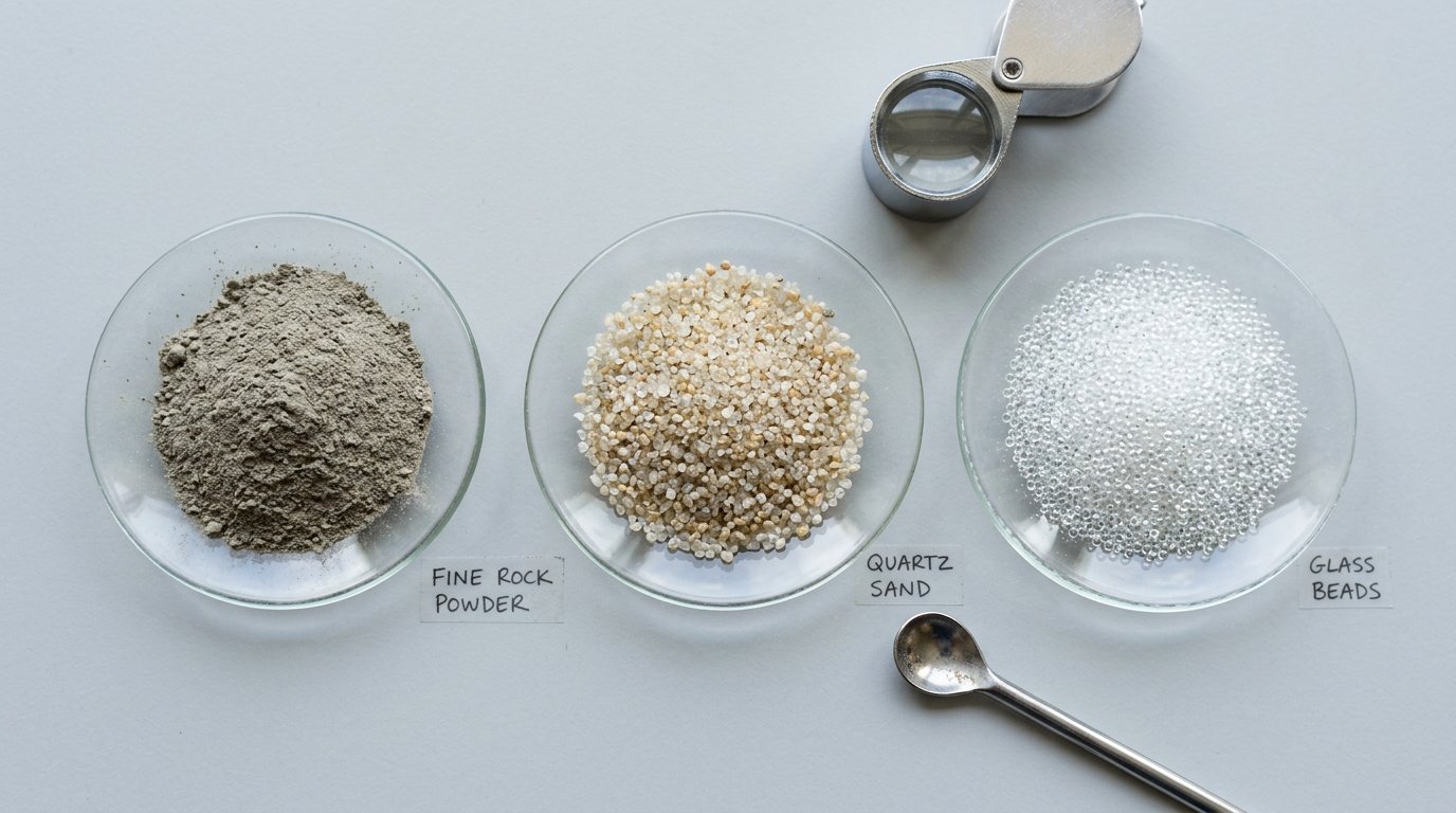 Three dishes comparing fine rock powder, quartz sand and round glass beads with a hand lens on a light grey surface