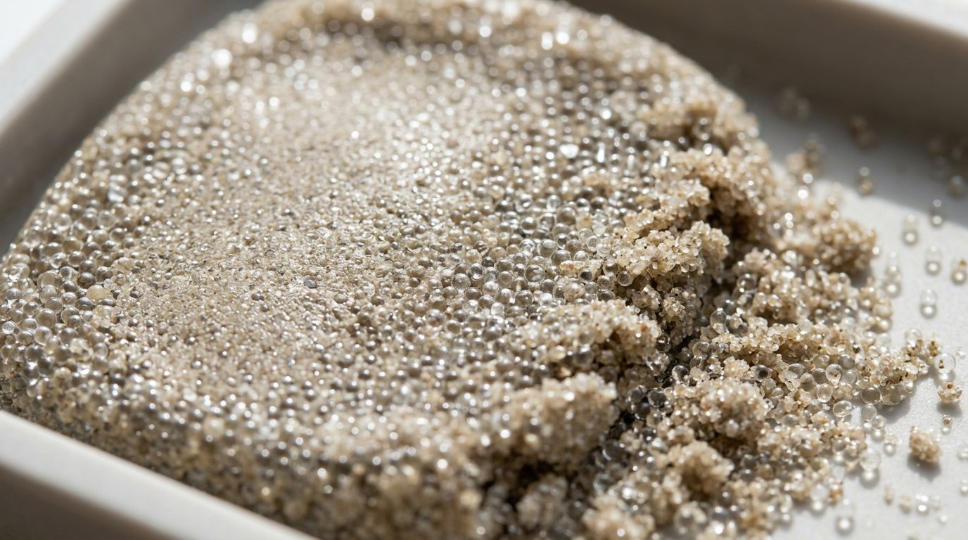 Macro close-up of round glass microspheres and mouldable sand grains pressed into a smooth shape in a neutral tray