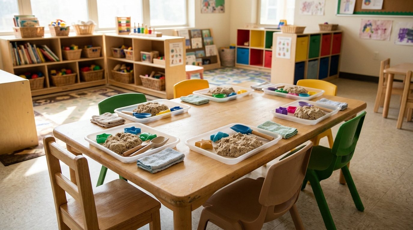 Preschool table set with individual sensory trays of mouldable sand, small molds, scoops and a damp cloth