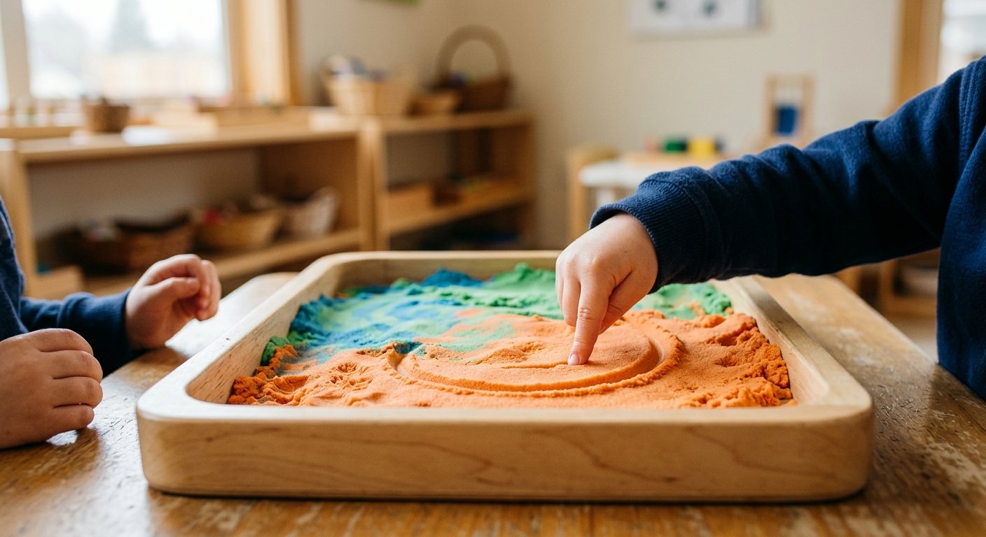 Close-up of a child's hand tracing a line in a shallow sand tray