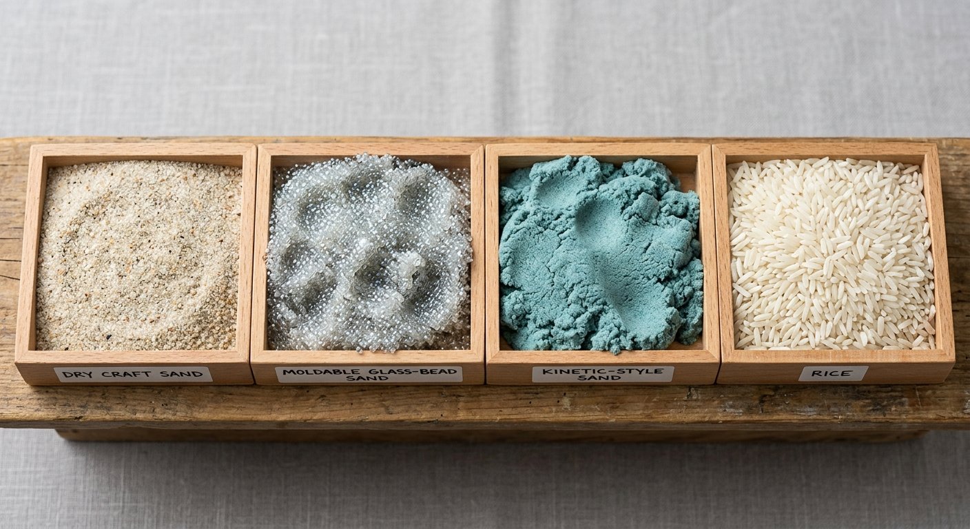 Comparison of dry craft sand, moldable sand, kinetic sand, and rice textures in small trays