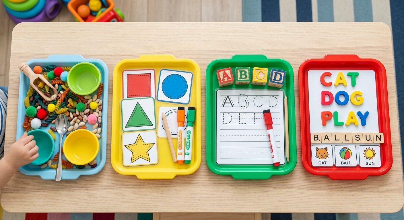 Four small sand trays showing a progression from scooping to word tracing activities