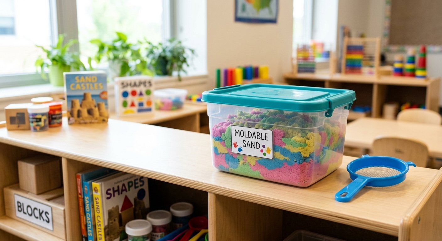 Lidded storage bin of moldable sand with a sieve tool for classroom maintenance