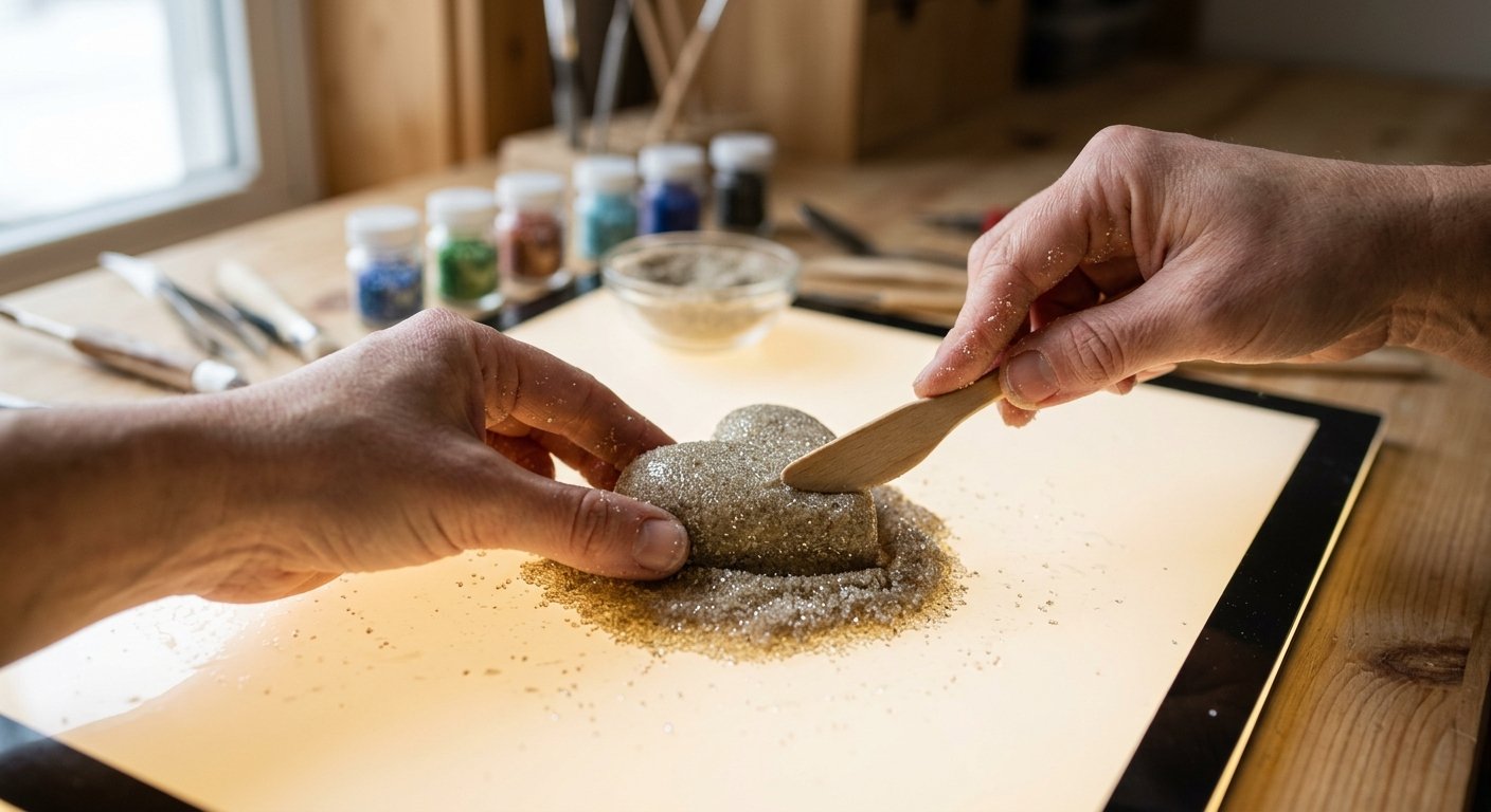 Hands molding glass bead moldable sand to test coating consistency and cohesion