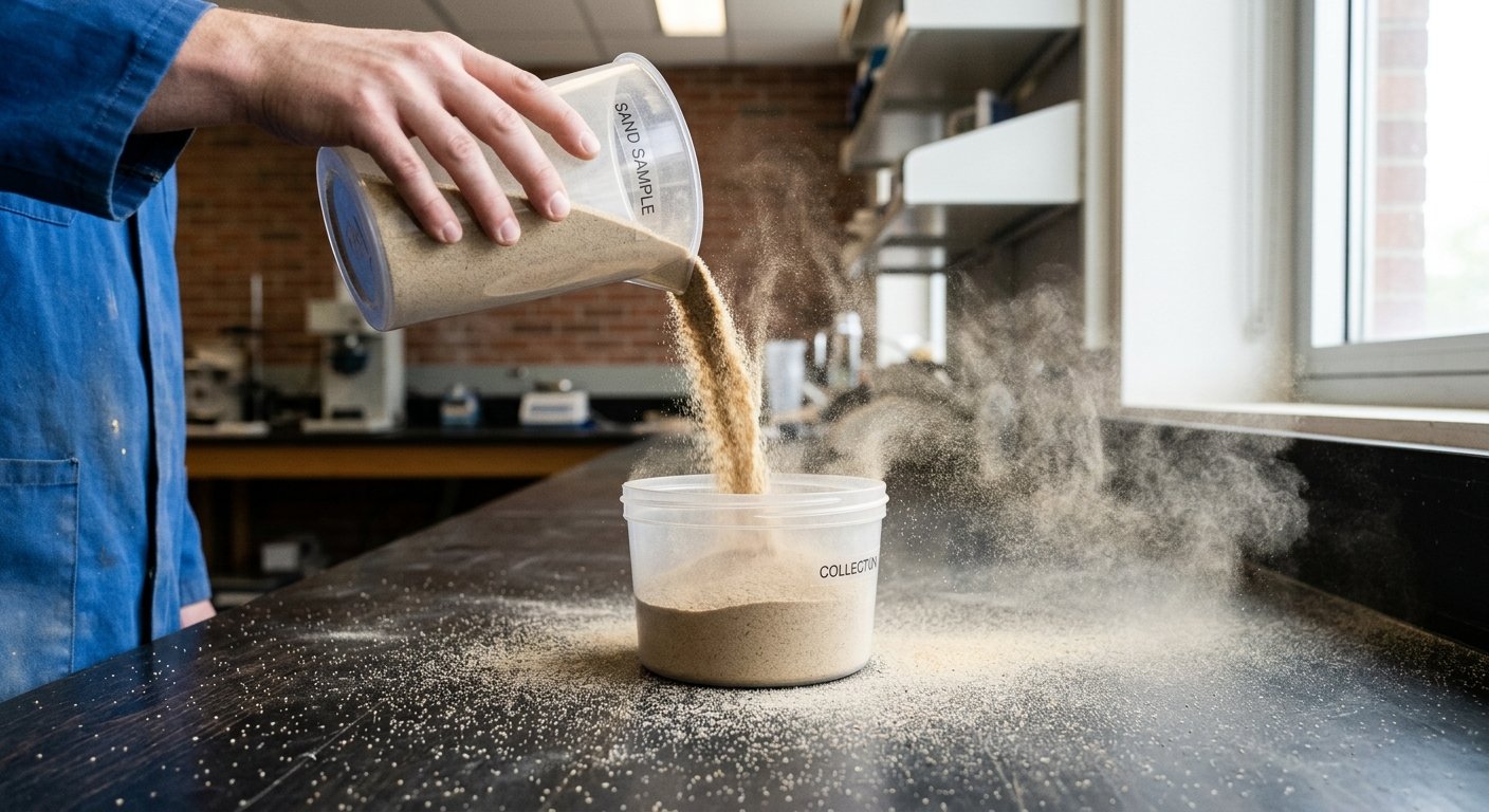 Dust visibility test for moldable sand poured between two containers