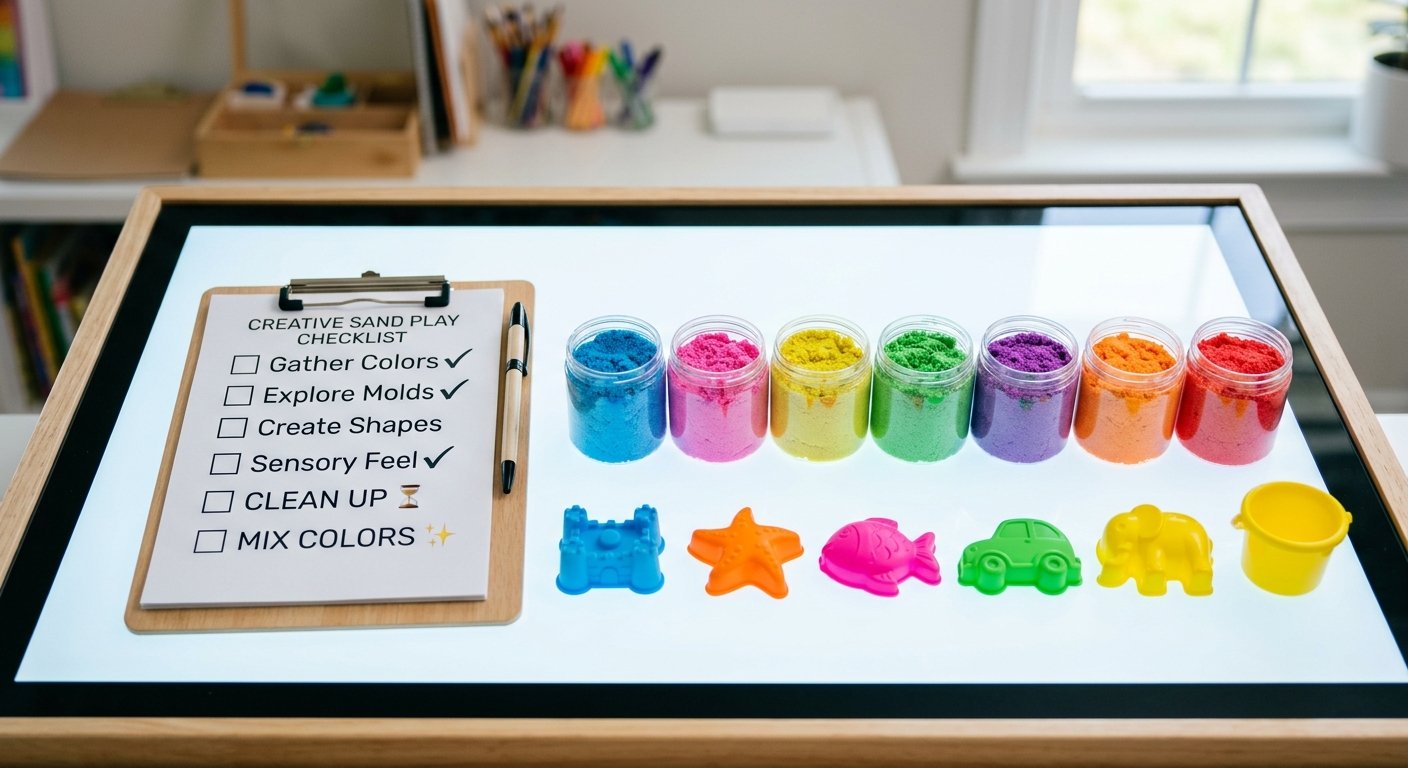 Checklist for evaluating moldable sand suppliers next to colorful sand samples